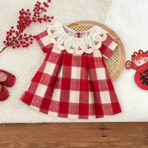 Baby Girl Dress Summer Checkered Cotton Short-Sleeve Girls Dress Cute Fruit Baby Dress Baby Girl Clothes