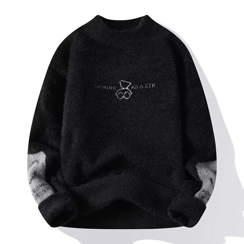 Men Winter Warm Black Sweater Pullovers Vintage Knitted Men's Rock Hip Hop Plush O Neck Top Men's Cloting New 2024 - Image 3