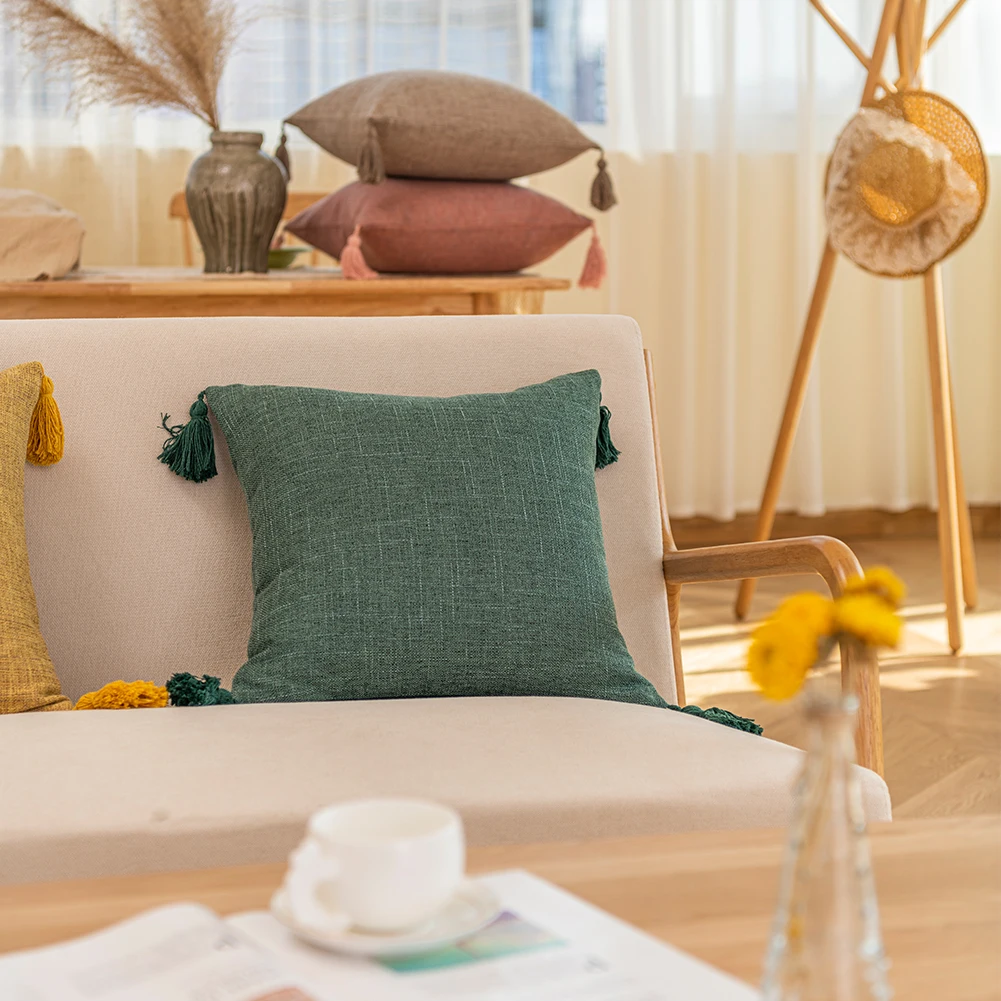 Tassel Solid Color Cushion Cover Square Linen Pillowcase for Living Room Sofa Bedroom Home Decoration 45x45 1PC - Image 3