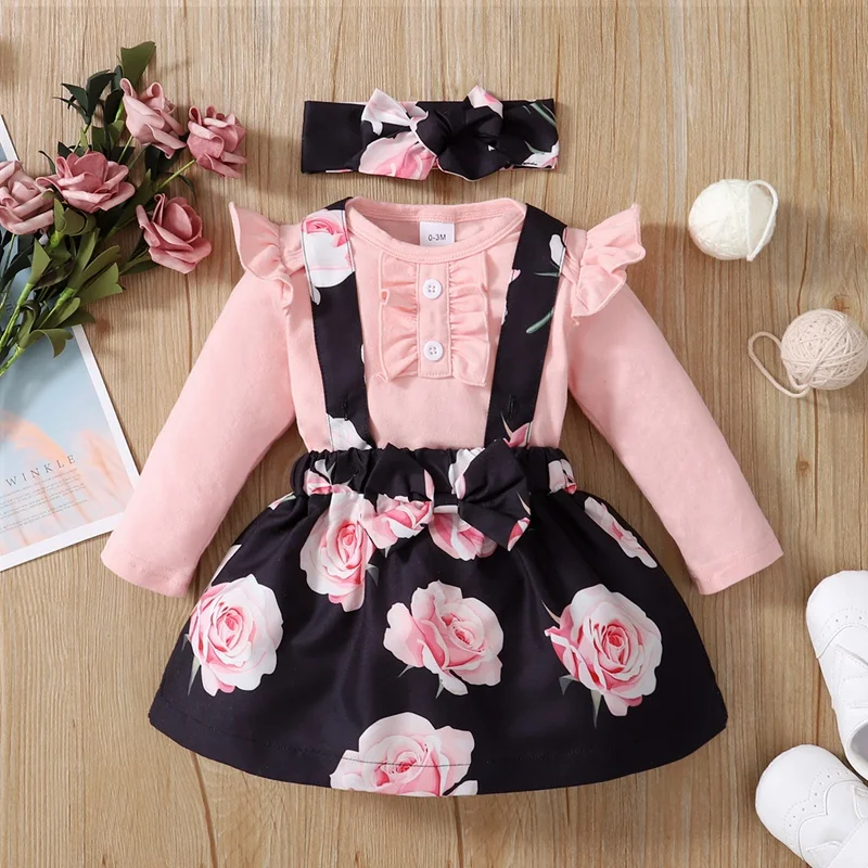 3PCS Baby Girl Dress Set Long Sleeves Bodysuit+Rose Floral Suspender Skirt+Headband Fashion Outfits for Toddlers 0-18 Months - Image 5