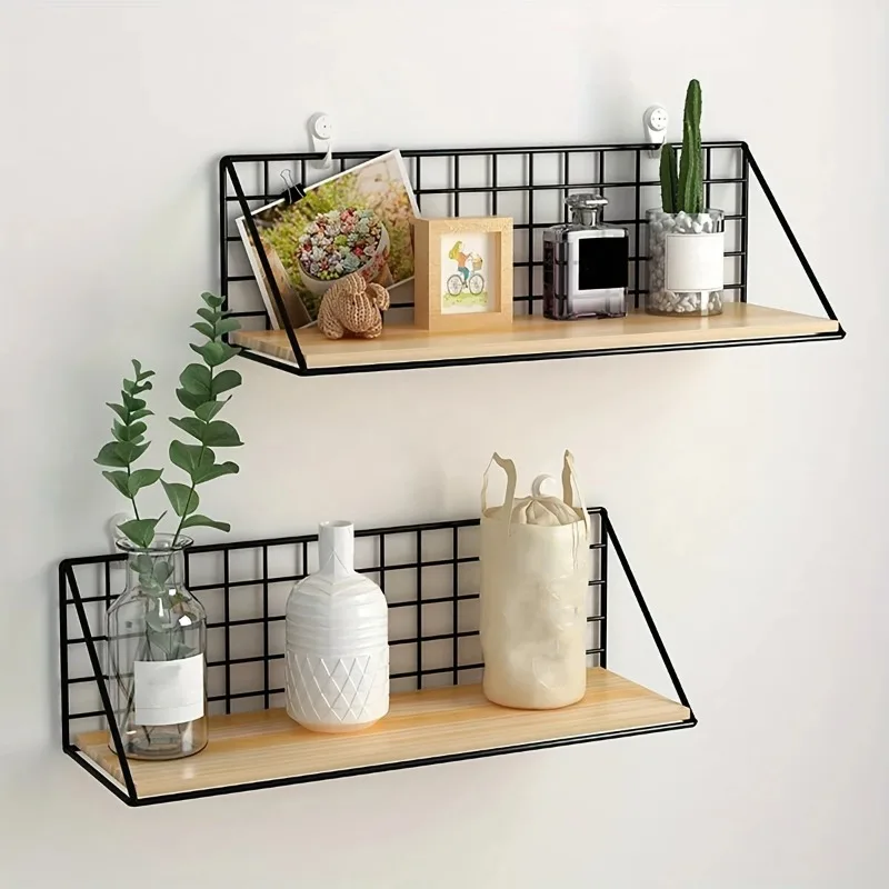 1Pcs Floating Shelves Wall Mounted Wood Storage Display Shelf with Metal Wire Basket Hanging Rack for Dorm Bedroom Bathroom - Image 6