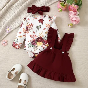 3Pcs Baby girl Set Maple leaf Jumpsuit+Ruffled shoulder strap Skirt and Headband Fashion Set for Cute Baby girl 0-12 Months