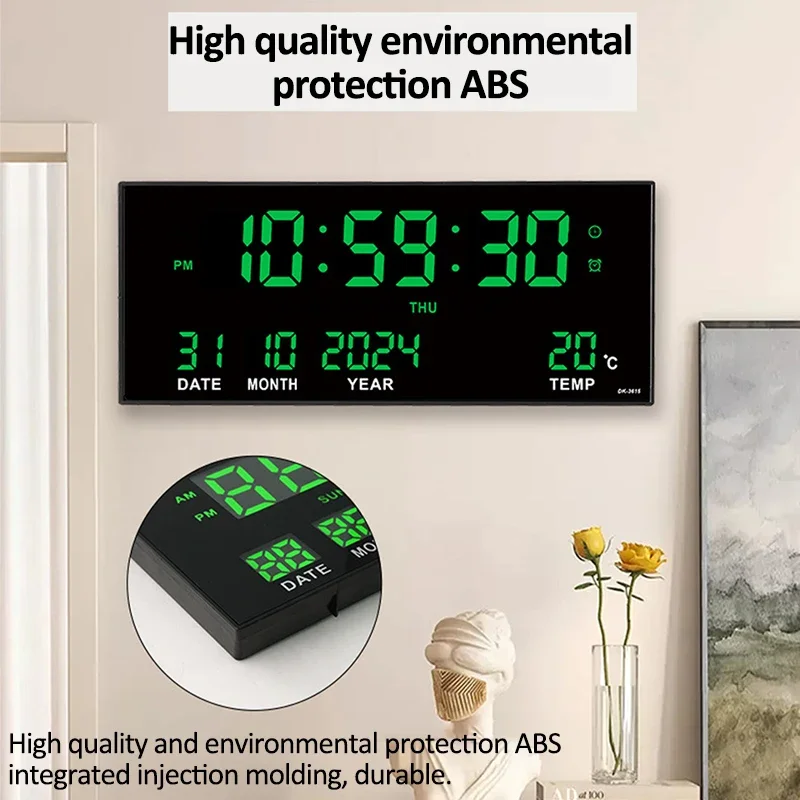 Digital Large Wall Clock Alarm Temperature Date Calendar Display 8 Sets of Alarm Clocks 14'' Electronic LED Clock Plug in Use - Image 3