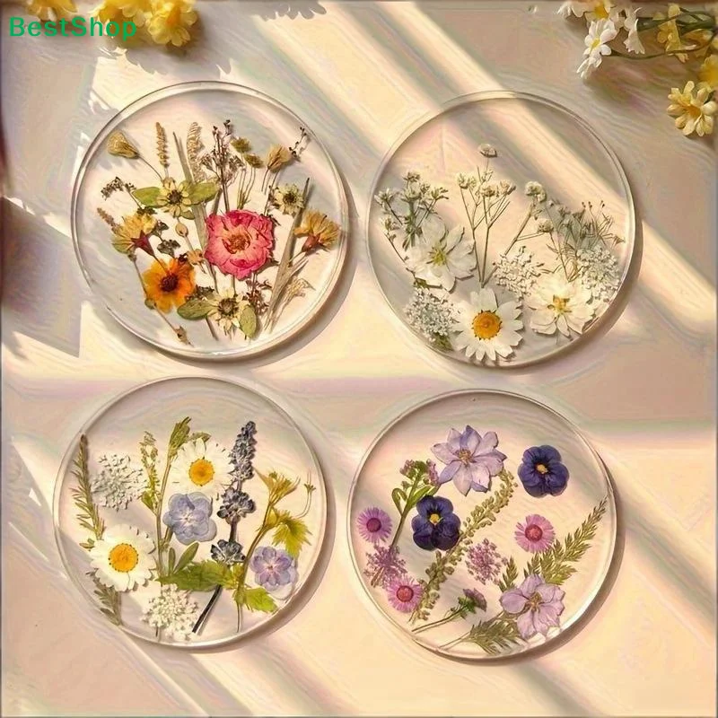 ♥Pressed Flower Resin Coasters Set-4pcs Natural Dried Flower Drink Mats,Transparent Decor Coasters for Home & Coffee Table - Image 3