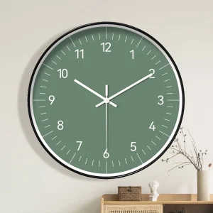 A modern minimalist green wall clock, battery operated non-ticking analog mute clock, 10-16 inch round plastic wall clock, suita