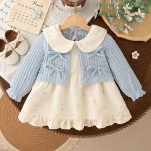 Autumn New Sweet Bow Baby Girl Dress, Small Floral Lapel Children'S Clothing For Birthday Parties (9 Months -3 Years Old)