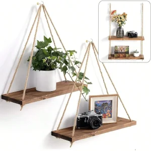 1Set Wood Hanging Shelves Swing Hanging Hemp Rope Wall Shelve Mounted Floating Home Living Room Plant Flower Pot Tray Storage