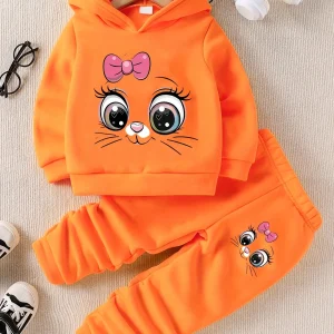 Newborn Baby & Toddler Autumn/Winter Cute Face Print Hooded Fleece Sweatshirt & Casual Fashion Sports Pants Set