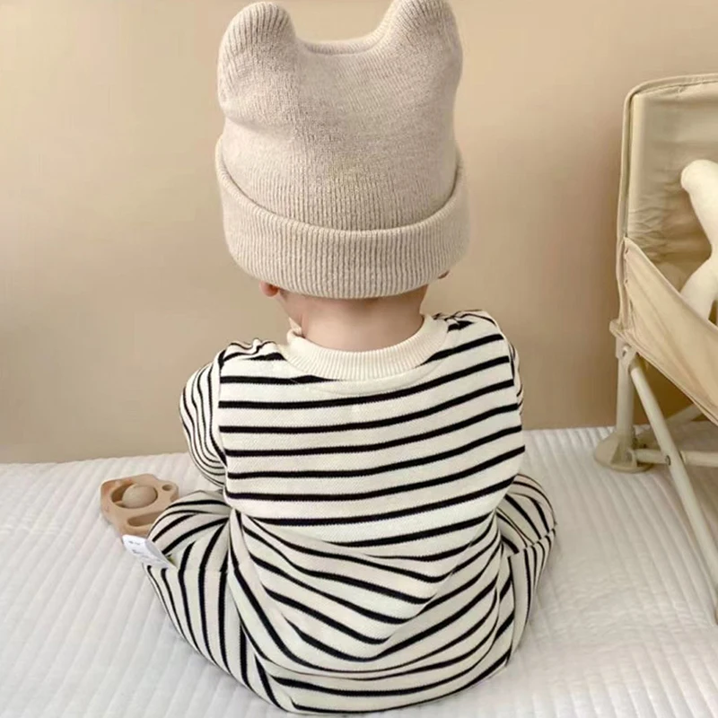 Autumn Winter Baby Romper Thick Cotton Newborn Long Sleeved Jumpsuit Pants 0-13M Kids Clothes Cute Toddler Stripe Bear Bodysuit - Image 6