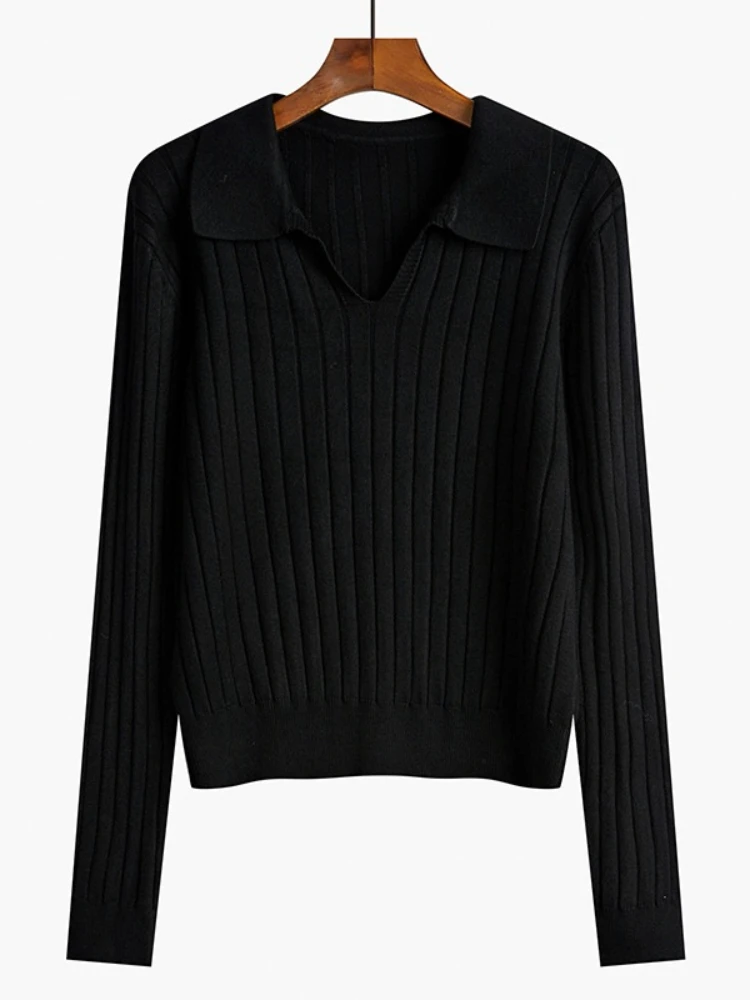 Autumn Winter Long Sleeve Knitted Sweater Women POLO Collar Pullover Female V-neck Elastic Skinny Knit Base Layer Tops Jumpers - Image 3