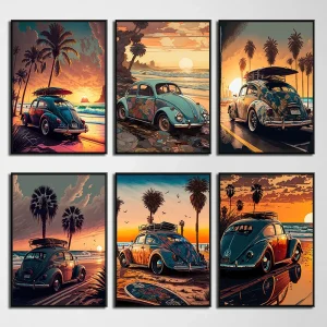 Beetle Car Coastal Beach Sunrise Landscape Posters and Prints Canvas Painting Wall Art Picture for Living Room Home Decoration