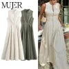 MUJER Zipper Long Dress Woman Pleated Sleeveless Bodycon Dress Summer Elegant Party Dresses For Women 2025 New Midi Dresses