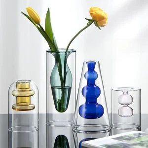 Creative Colored Glass Vase Home Decor Double Layered Glass Vase Dining Table Decoration Flower Arrangement Vase Hydroponic