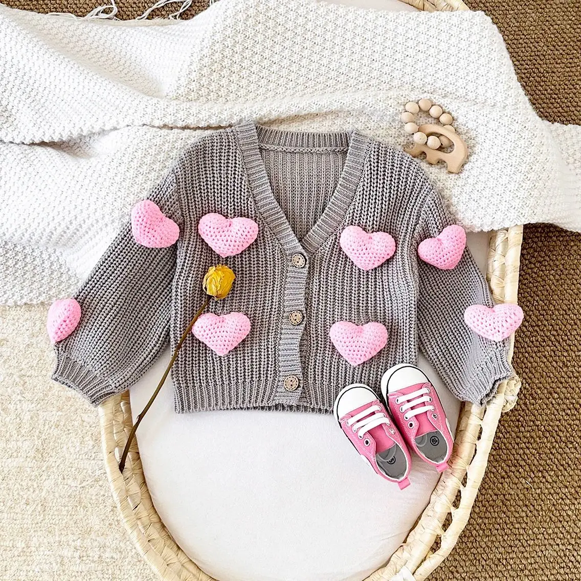 Korean Infant Girls Knit Cardigan Baby Sweaters Autumn Winter 2024 Stylish Sweet Newborn Clothes Woolen Heart Coat Baby Tops - Image 2