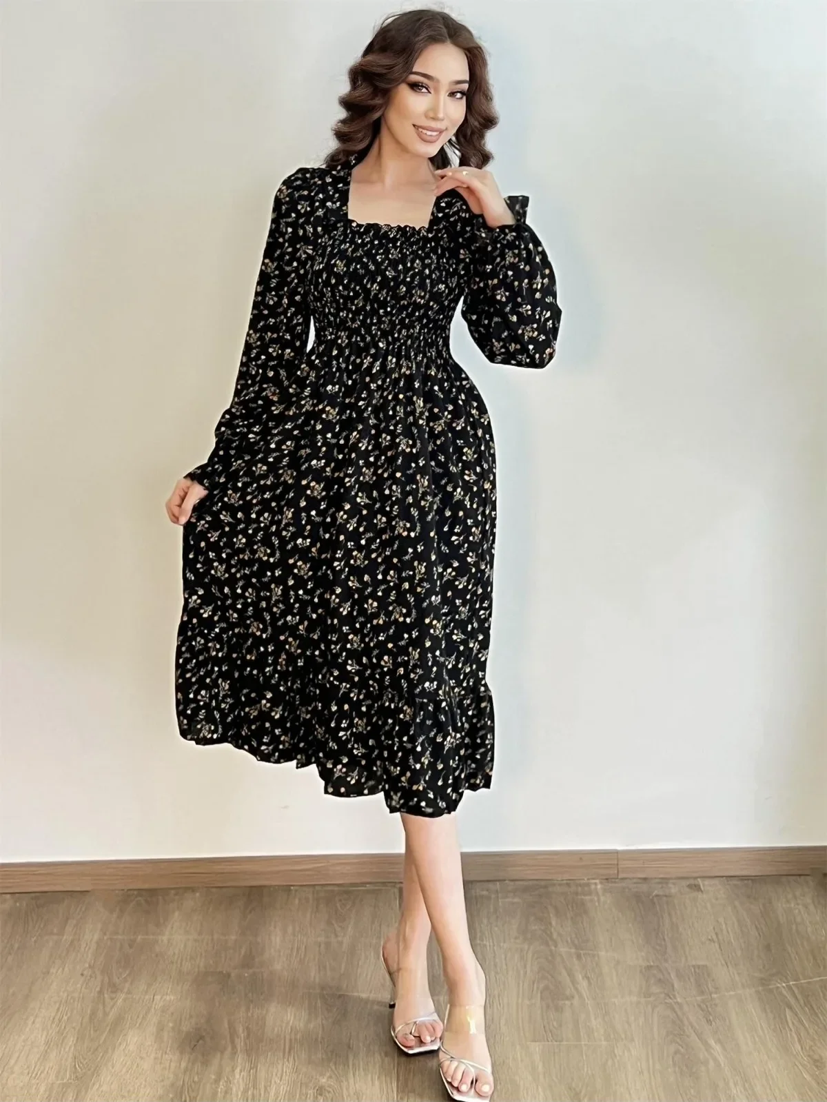 Long Sleeve Casual Dress Women Chiffon Dresses Autumn Spring A-line Printed Floral Elastic Chest Lace Up Midi Dresses Vestidos - Image 5