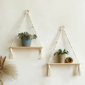 Wooden Macrame Wall Hanging Shelves - Boho Floating Shelves Macrame Plant Shelf Rustic Wall Decor for Bedroom Living Room Office