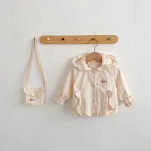 Autumn and winter style 1-3 year old baby girl cartoon printed bunny hooded jacket with bow windproof top and small hanging bag