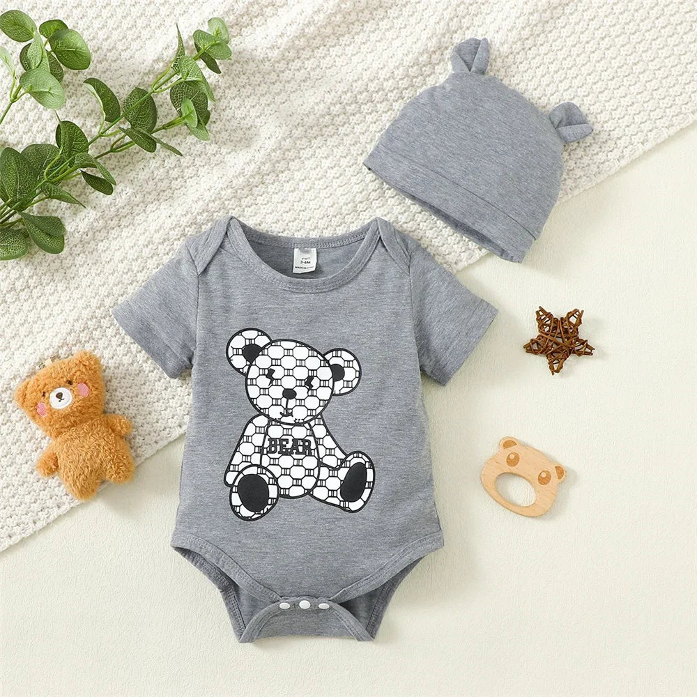 2PCS Newborn Baby Boy Romper Little Bear Print Summer Short Sleeve Bodysuit Leisure Time Jumpsuit+Hat for Infant Boy 0-9 Months - Image 5
