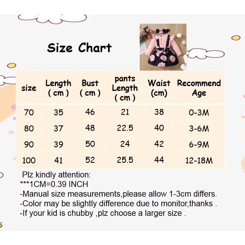 3PCS Baby Girl Dress Set Long Sleeves Bodysuit+Rose Floral Suspender Skirt+Headband Fashion Outfits for Toddlers 0-18 Months - Image 6
