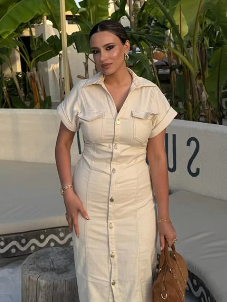 HXAO Denim Women's Dress Button Off White Short Sleeve Midi Dresses Summer New Denim Long Dresses Office Elegant Female Clothing - Image 5