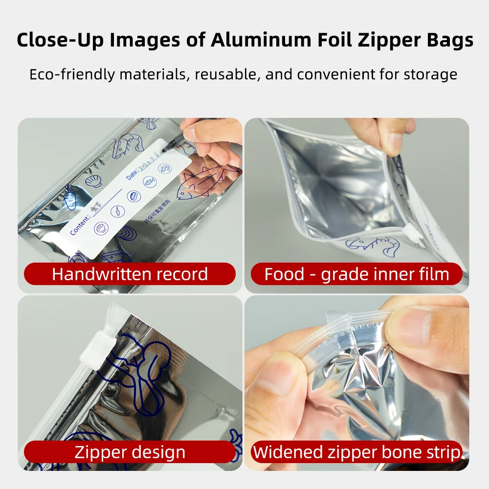 10pcs Food Grade Aluminum Foil Antibacterial Ziplock Bags for Fridge Freezer Meat Veg Storage, Holiday Party Home Use - Image 5