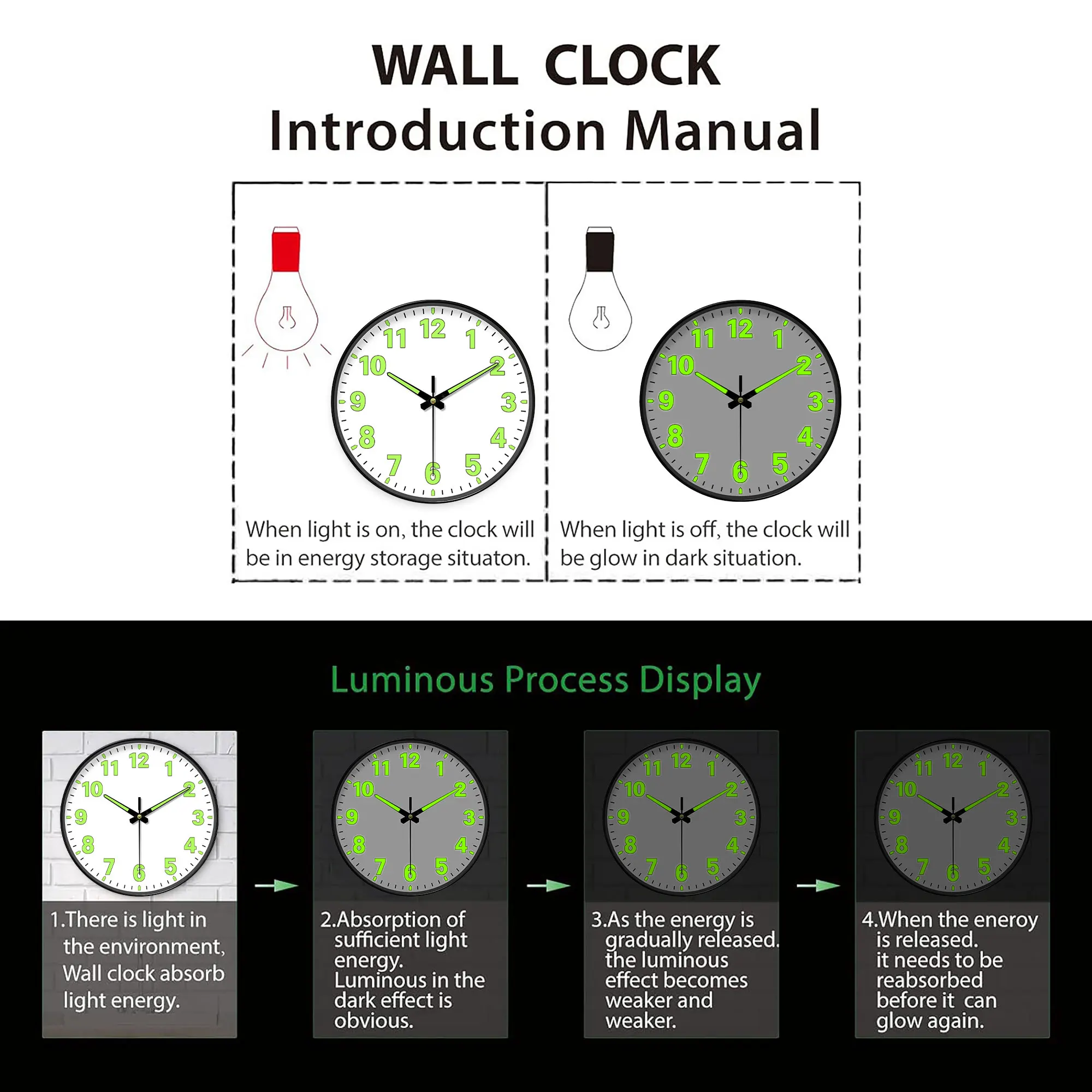 Sleek Luminous Wall Clock Series - Silent Movement, Minimalist Design, and Affordable Elegance with Glowing Green Hands Numbers - Image 2