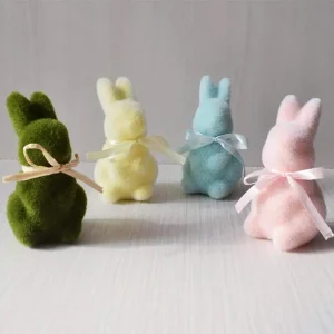 Flocked Easter Figurines With Bowtie Easter Holiday Spring Decor Rabbit Figurines Garden For Indoor Table Home Pan Ornament