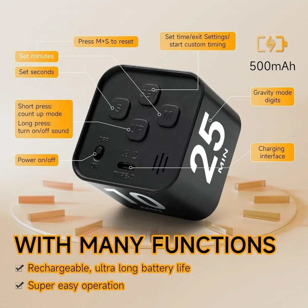 Visual Pomodoro Timer Kitchen Digital Timer Clock,Gravity Senso Chronometer Study Timer Children Stopwatch Timer for Studying - Image 4