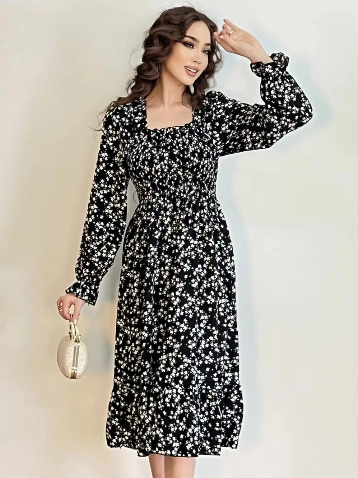 Long Sleeve Casual Dress Women Chiffon Dresses Autumn Spring A-line Printed Floral Elastic Chest Lace Up Midi Dresses Vestidos