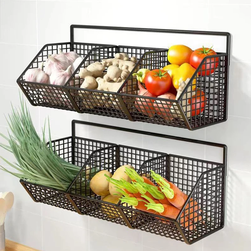 Kitchen Wall Mounted Storage Rack Onion Ginger Garlic Condiments Spice Shelf Wall Punch-Free Vegetable Fruit Drain Basket - Image 3