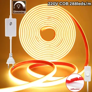 Dimmable 220V COB Led Strip Adhesive Tape Ribbon 288LEDs/M IP65 Waterproof Outdoor Neon Lights for Kitchen Room Garden Lighting