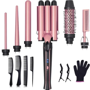 Curling Iron Set 6-in-1 Hair Curler with 3 Barrel Hair Crimper, Hair Straightener - Waver Heating Styling Tools for Women
