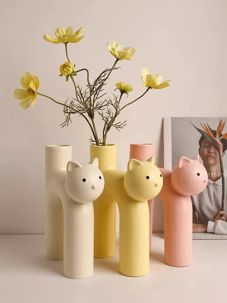 2024 Ceramic Flower Vase Cute Tubular Kawaii Cat Vase Room Home Desktop Decoration Art Ornament Gift Flowerpot Free Shipping - Image 2