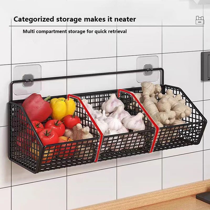 Kitchen Wall Mounted Storage Rack Onion Ginger Garlic Condiments Spice Shelf Wall Punch-Free Vegetable Fruit Drain Basket - Image 2