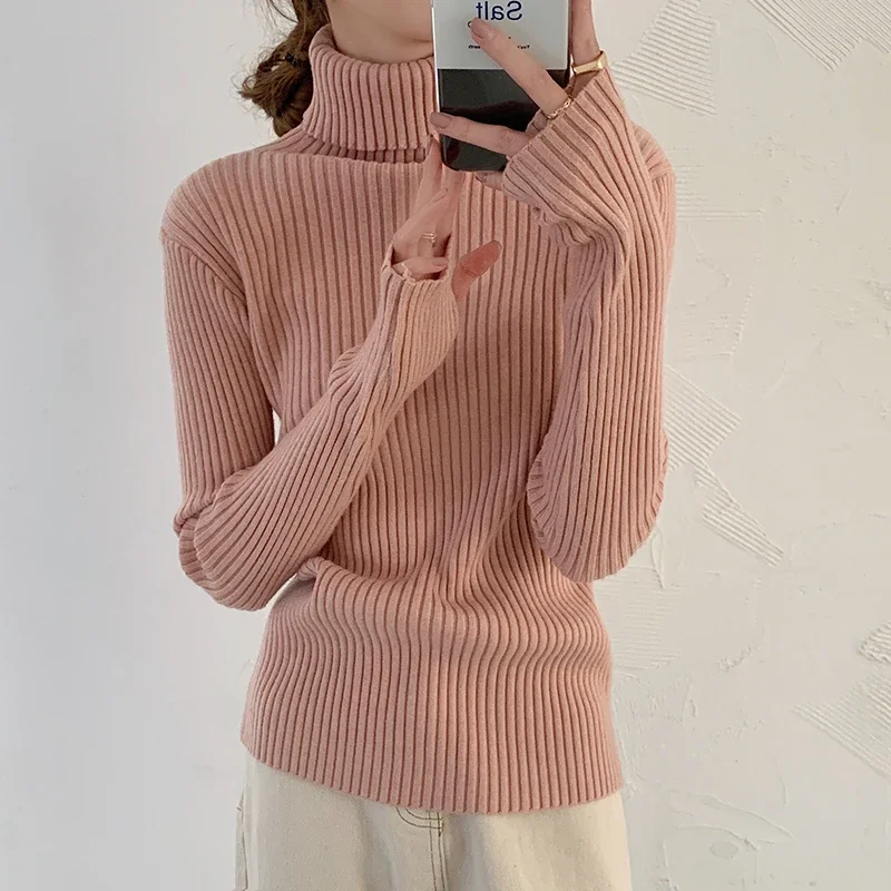 Autumn Winter Warm Thick Women Sweater Pullover Basic Korea Ribbed Sweaters Cotton Tops Knitted Solid Turtleneck with Thumb Hole - Image 4