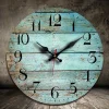Silent Turquoise Wooden Wall Clock, Teal Green Blue Wooden Grain Cracked Vintage Round Battery Operated, Non-Ticking for Home K