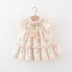 Summer Covered In Tulip Flowers Rabbit Little Flying Sleeve Dress For Kids Girl Cute Princess Dress For Baby Kids
