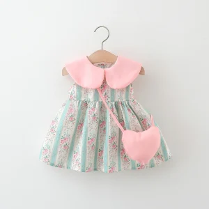 Summer New Pink Doll Neck Baby Girl Dress, Sweet Floral Children'S Sleeveless Clothes+Love Bag (9 Months -3 Years Old)
