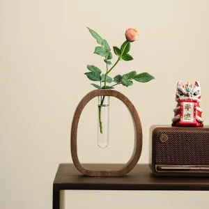 Creative Walnut Wood Chinese-Style Solid Wood Flower Vase Desktop Decoration Glass Plant Planter Vase Home Elegant Decorative