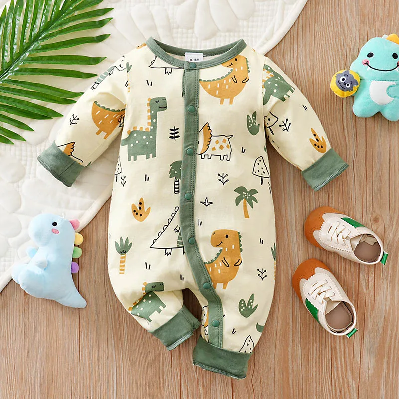 Spring and fall Cartoon dinosaur print cotton baby clothing Long-sleeved baby one-piece suits for 0-12 months boys and girls