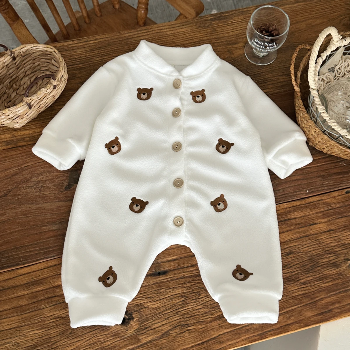 Baby Boys Winter Long Sleeve Bear Embroidery Plush Button Fashion Jumpsuit For Newborn Warm Clothes - Image 3