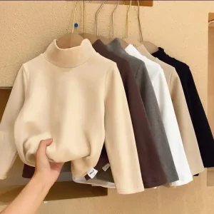 Baby Warm Top Boys and Girls Made Velvet Inner Solid Color Bottom Children's Autumn/Winter Half High Collar Long Sleeve T-shirt