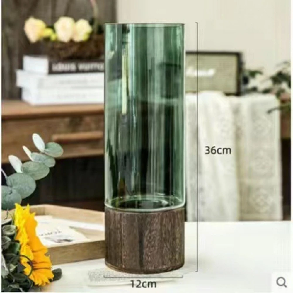 Simple Retro Light Luxury Wooden Base Glass Vase Water Nourishing Flowers Transparent Glass Vase Dining Table Decoration - Image 3