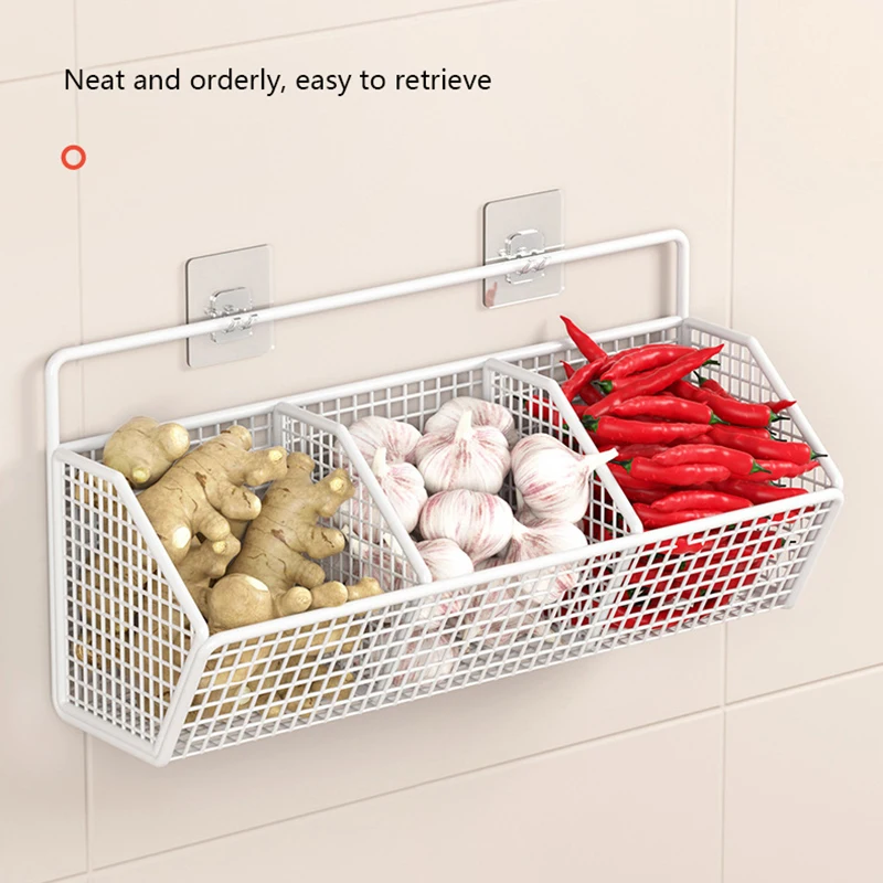 Kitchen Wall Mounted Storage Rack Onion Ginger Garlic Condiments Spice Shelf Wall Punch-Free Vegetable Fruit Drain Basket - Image 4