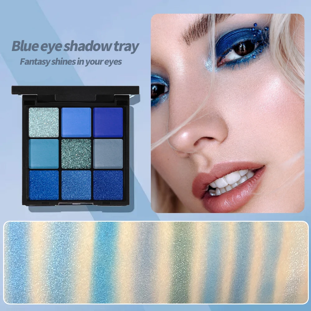 9-color Blue Eyeshadow Palette, Super Color Rendering, Long-lasting, Easy to Mix And Match, High-quality Pigments, Matte,Glitter - Image 6