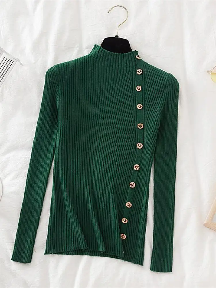 2025 Women Sweater Pullovers Khaki Casual Autumn Winter Button Turtlneck Chic Sweater Female Slim Knit Top Soft Jumper Tops - Image 6