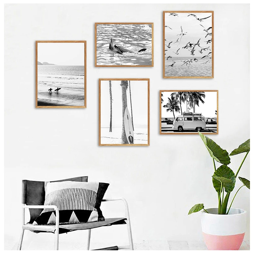 Surf Poster California Wall Art Black and White Ocean Print Beach Canvas Painting Surfing Coastal Decor for Living Room