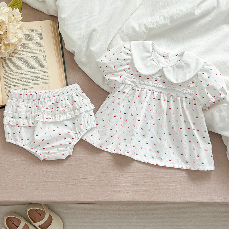 Summer Baby Girls Clothing Sets Puff Sleeve Top Floral Print Blouse + PP Shorts Infant Newborn Girl Clothes Suit Bbay Cherry Set - Image 3