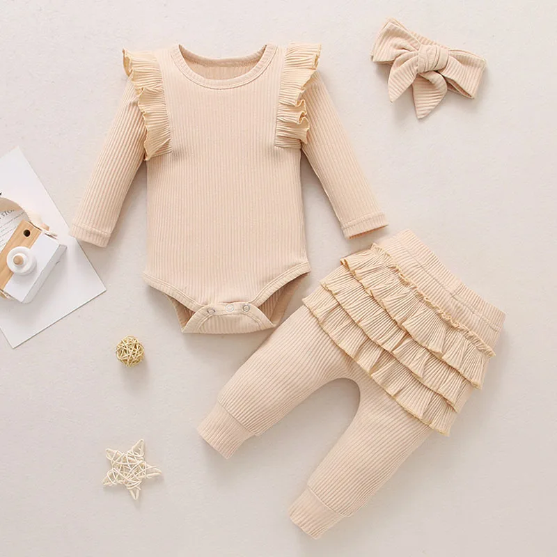 Newborn Baby Girls Clothes Infant Long Sleeve Ruffle Romper Bodysuits+Pants+Bow Headband 3Pcs Suit Children Toddler Outfit A422 - Image 3