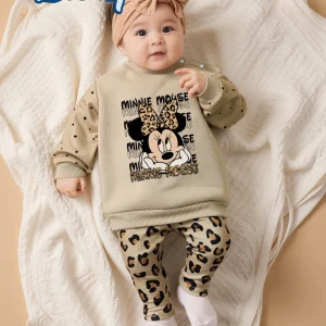 Disney Officially Licensed Mickey Mouse Autumn/Winter Casual Long-Sleeve and Long-Pants Set for Newborn Baby Girls, Featuring Leopard Print and Cute Cartoon Minnie Mouse Prints, Versatile and Comfortable Children's Clothing for Boys and Girls, Suitable for Everyday Outings and Play, Fashionable and Cute Outfits for Baby Girls, Perfect as Gifts for Eid, Easter, Carnival, Chinese New Year, and Other Holidays